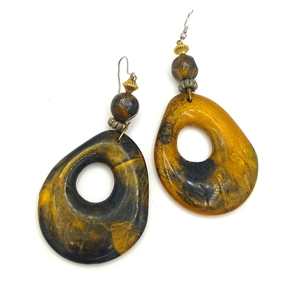 Jewelry - Rustic Primitive faux Polished Stone Dangle Hoop Earrings